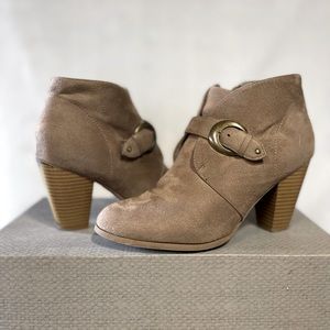 Trina faux suede heeled bootie with buckle